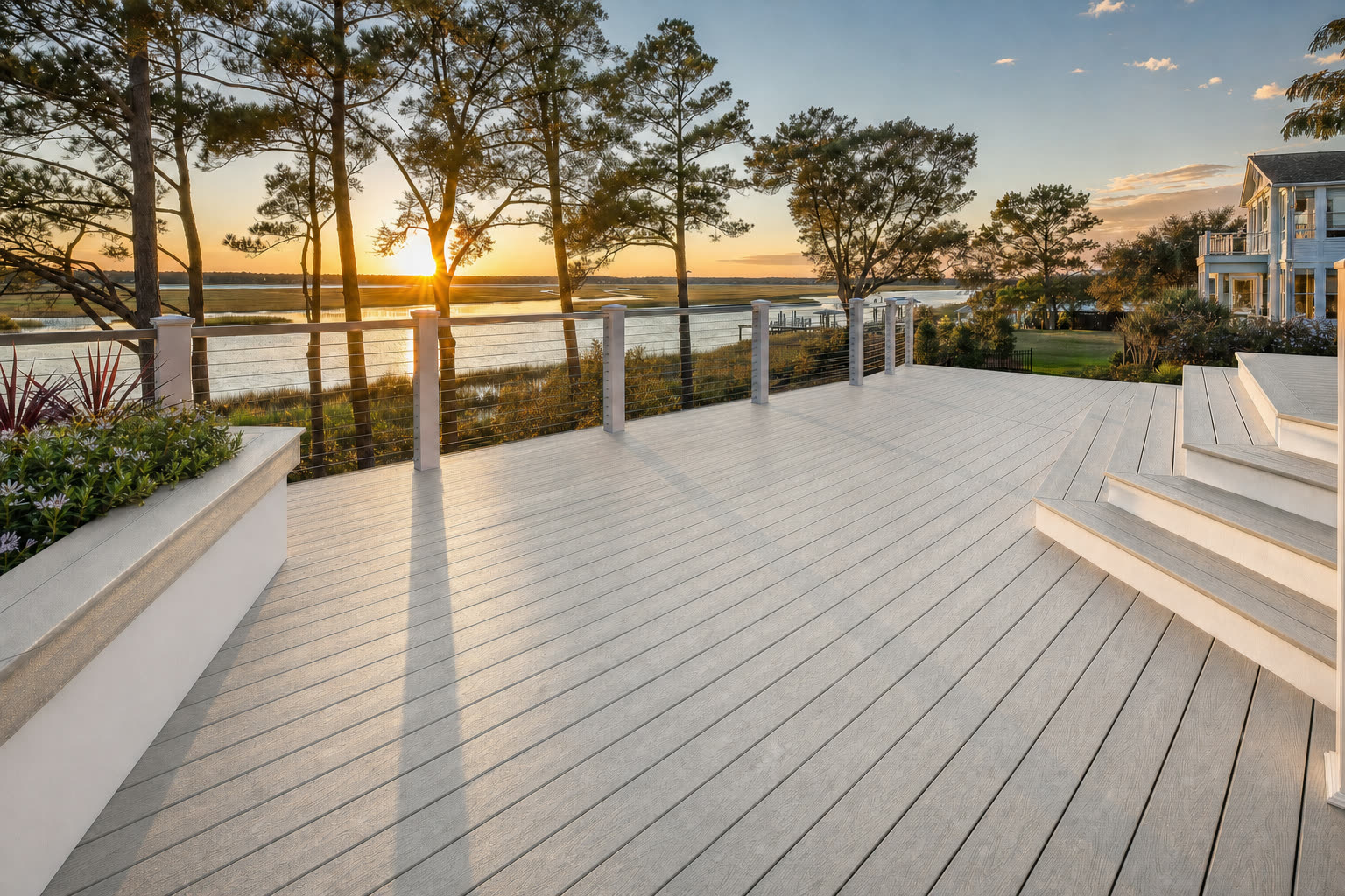 A composite deck shown in Trex Clam Gray