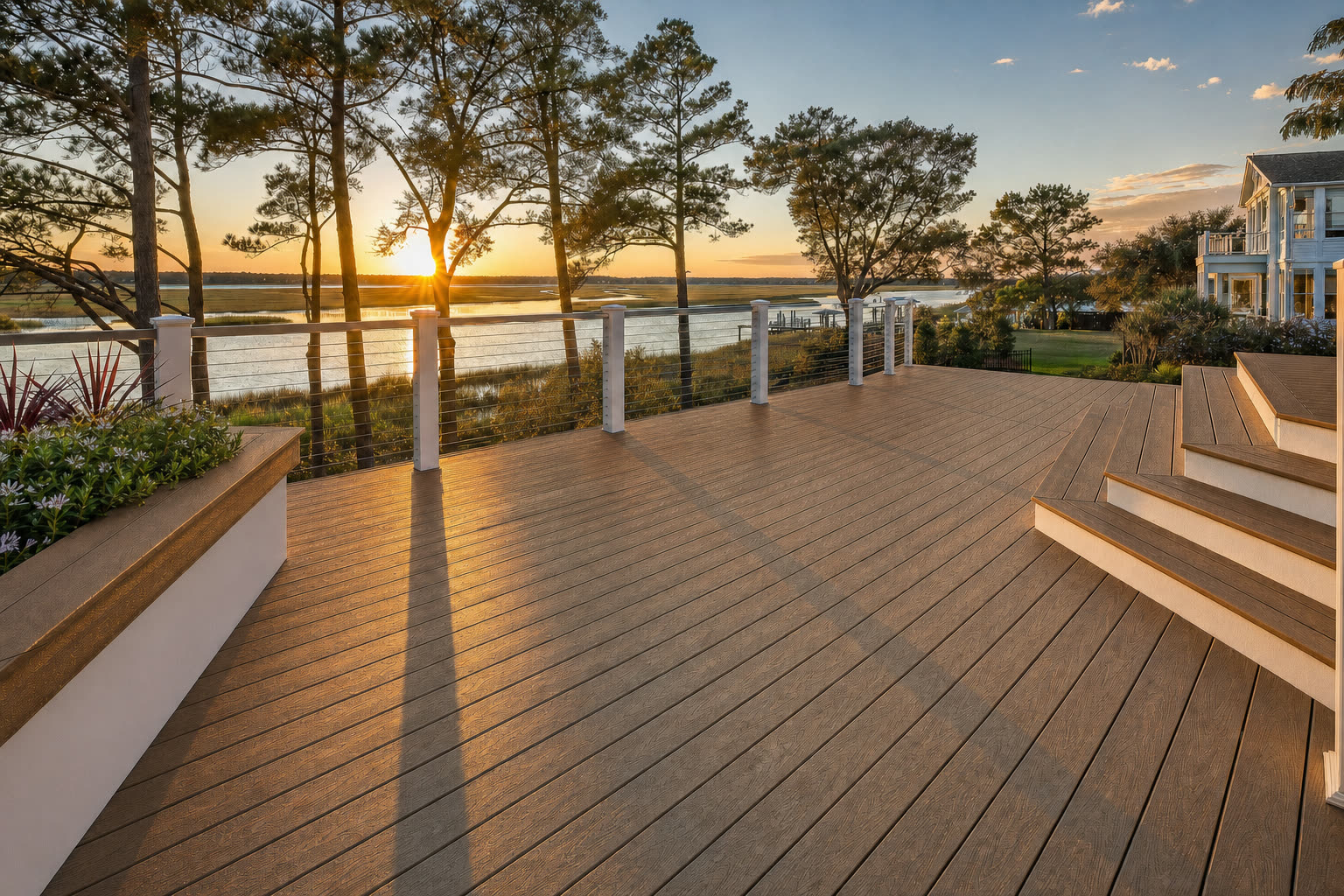 A composite deck shown in Trex Enhance Saddle Brown