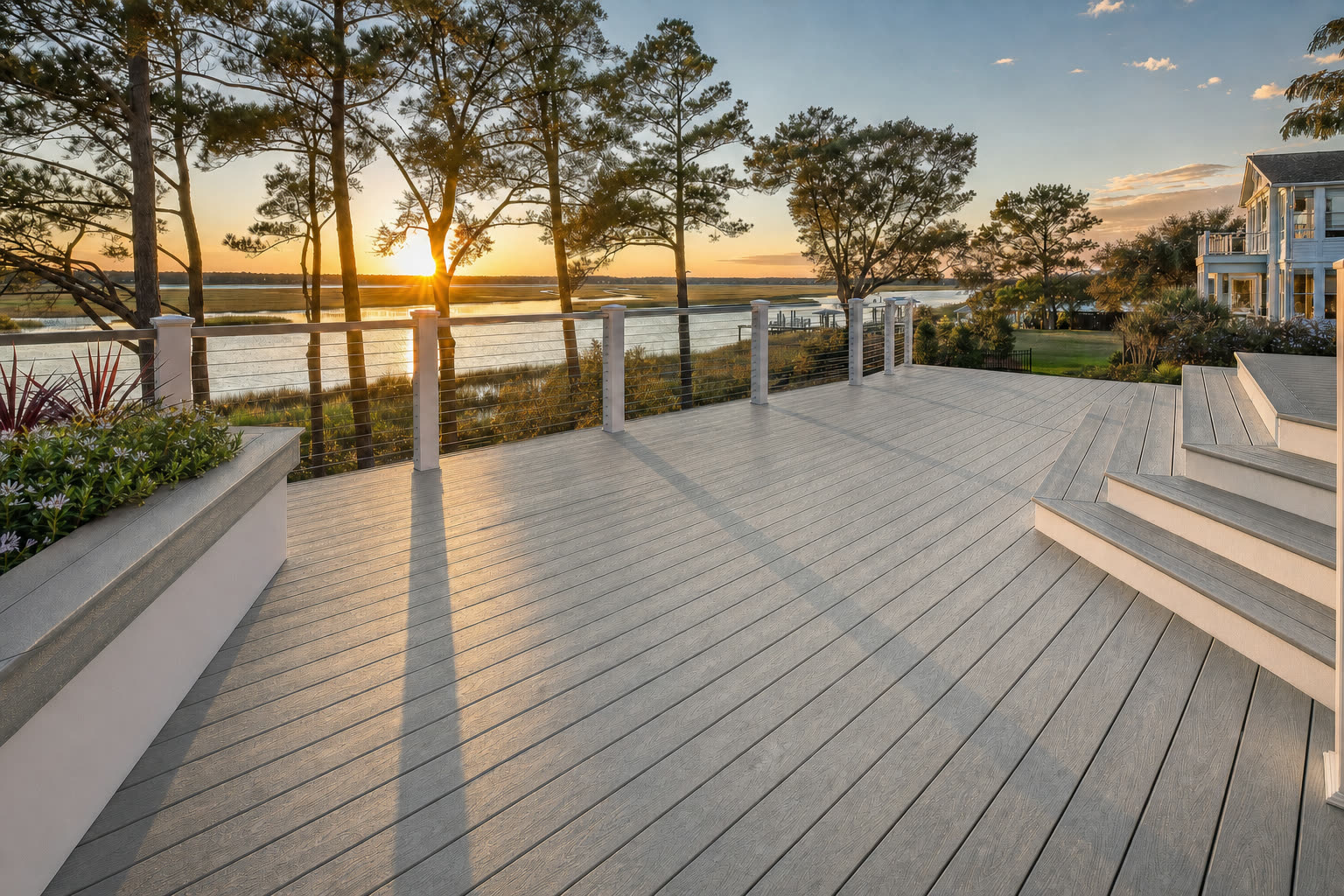 A composite deck shown in Trex Foggy Wharf