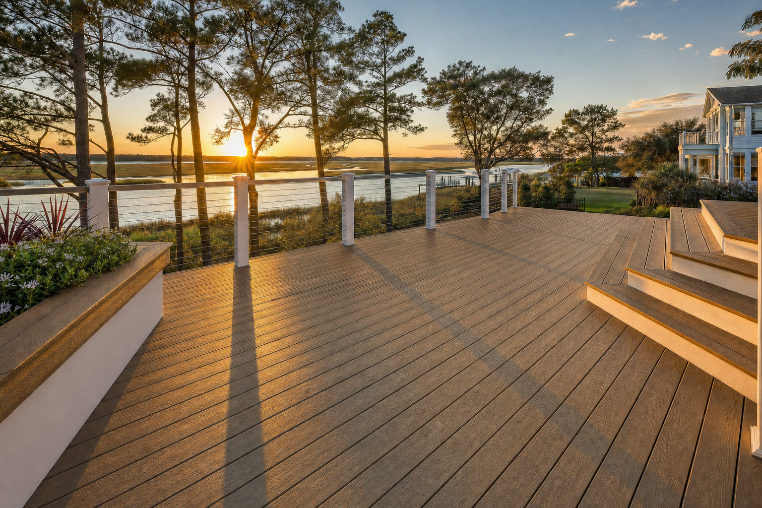 A composite deck shown in Trex Havana Gold