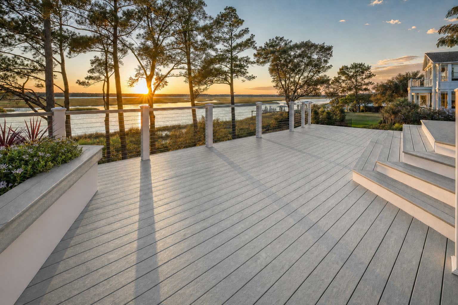 A composite deck shown in Trex Island Mist