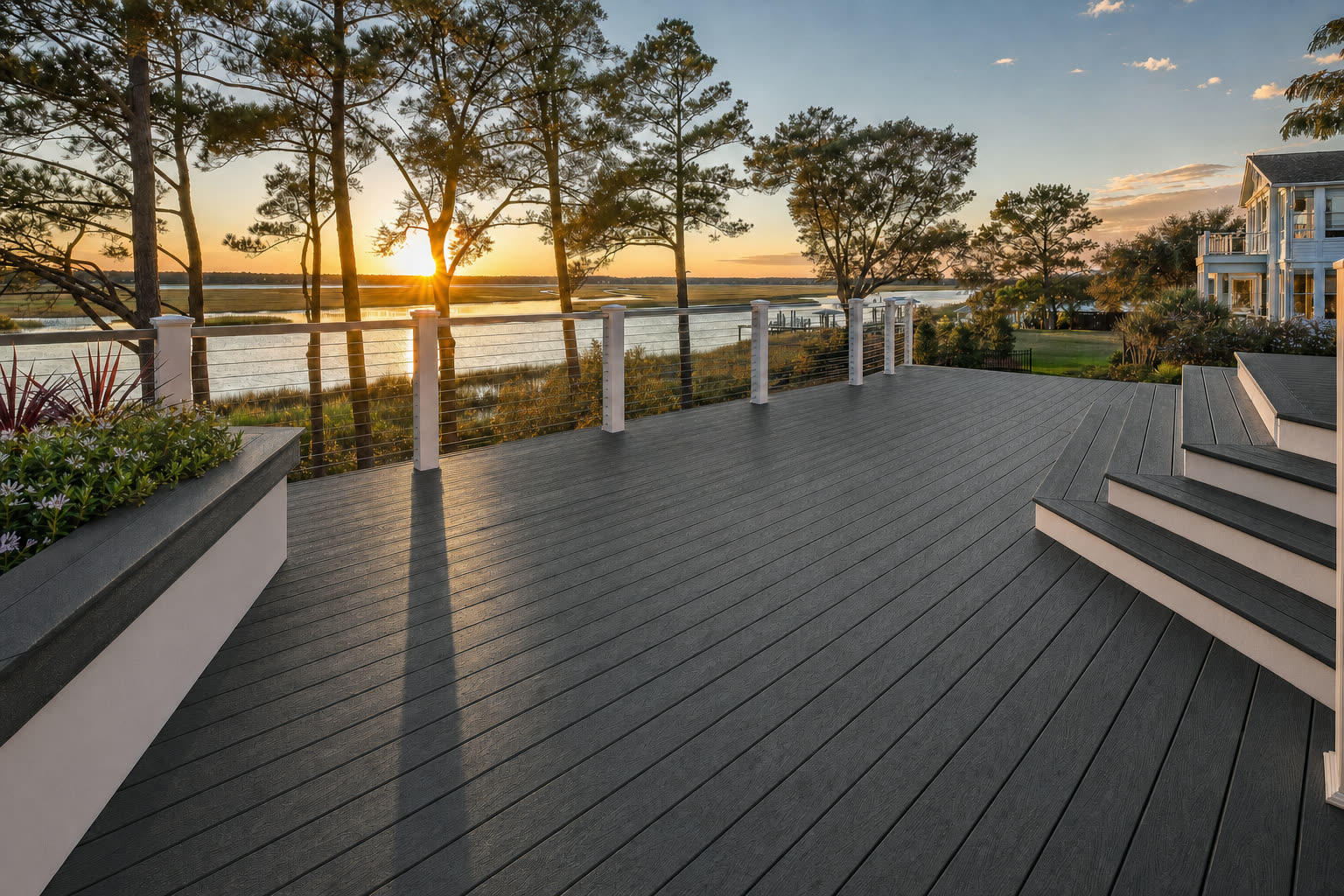 A composite deck shown in Trex Lava Rock