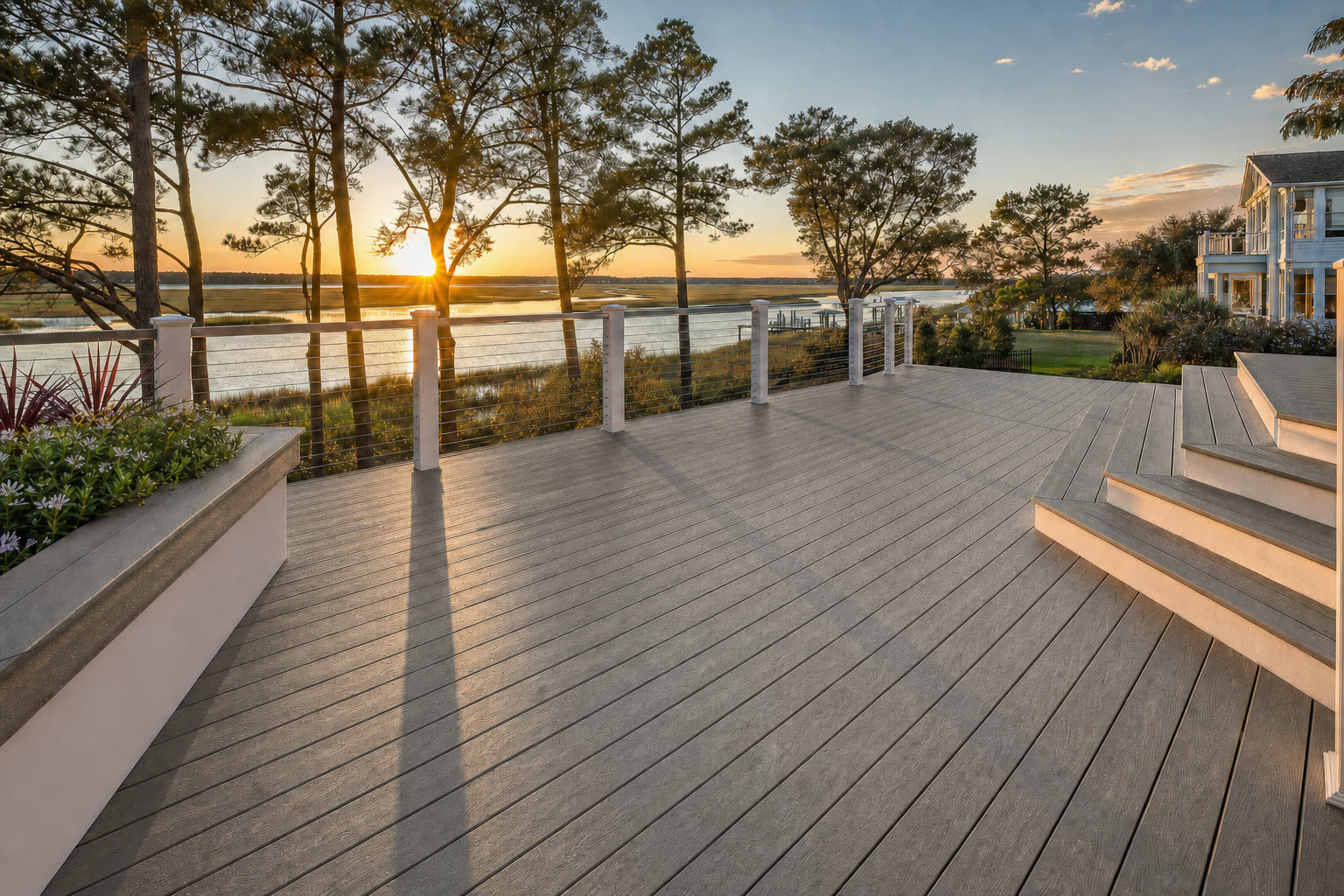 A composite deck shown in Trex Rocky Harbor