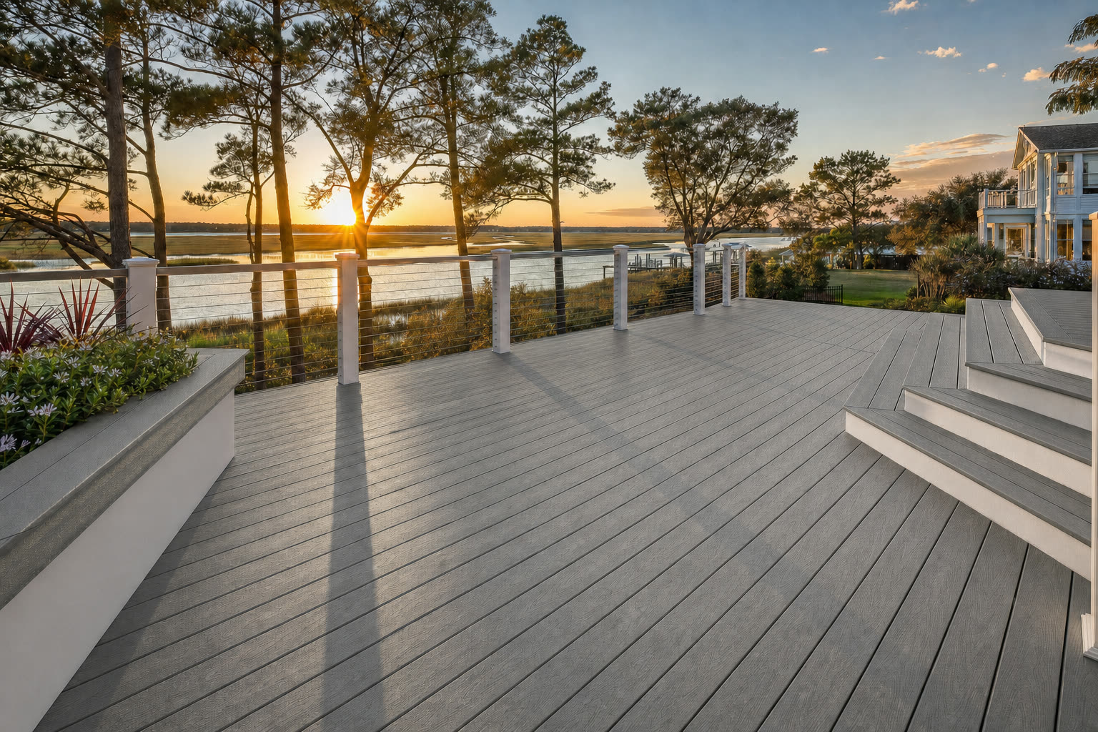 A composite deck shown in Trex Select Pebble Gray