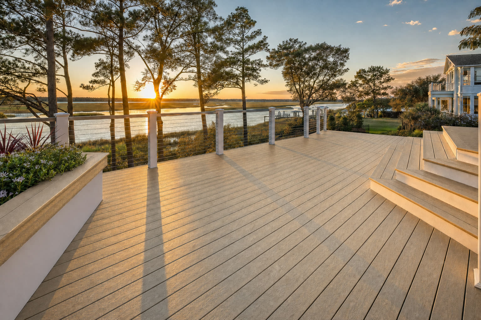A composite deck shown in Trex Toasted Sand