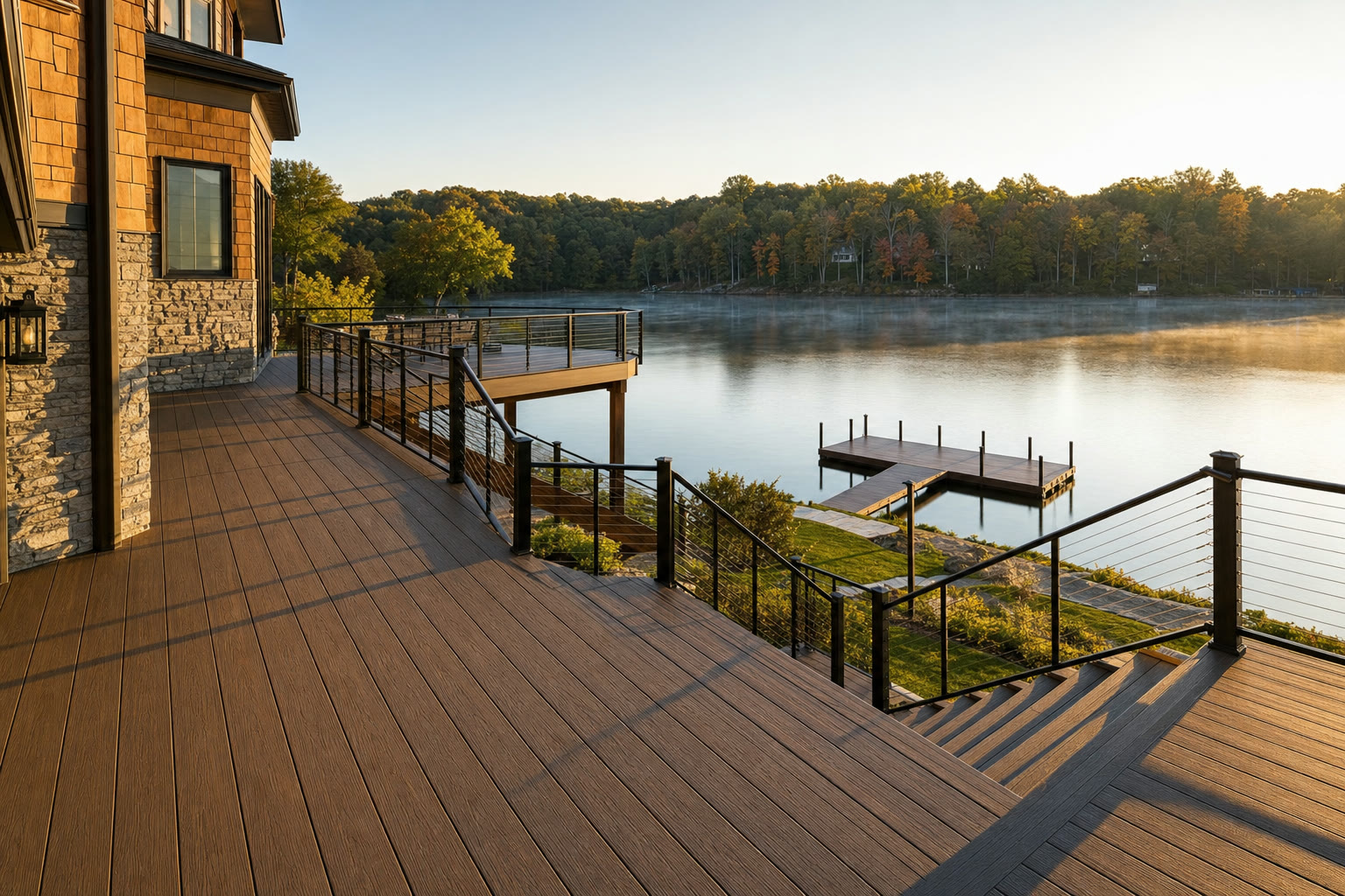 Multi level composite deck with black cable railing overlooking a Virginia lake at golden hour